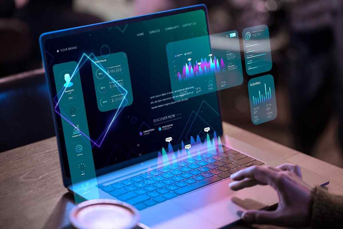 Laptop displaying structured interface panels and data charts