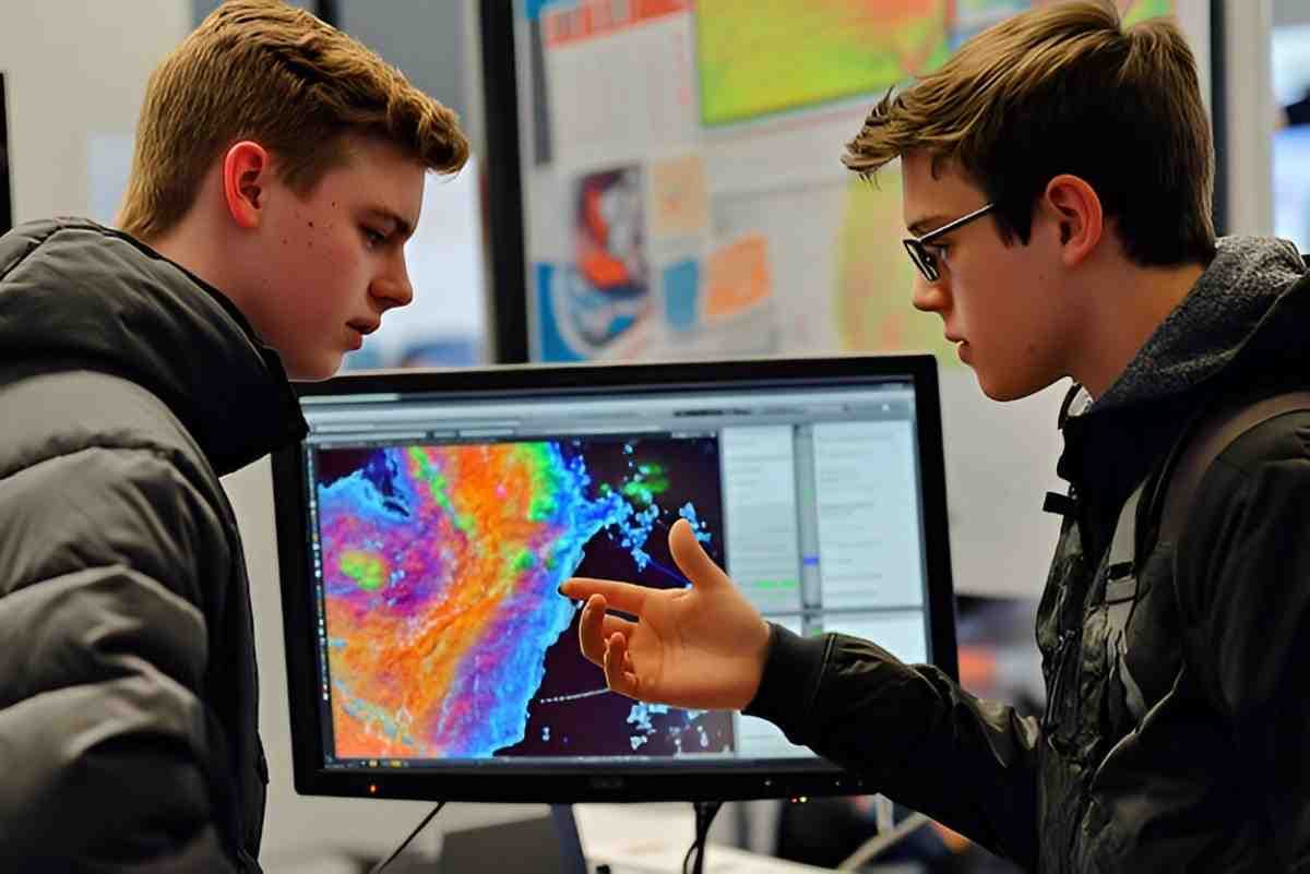 Analysts reviewing a colour-coded data visualisation on a monitor